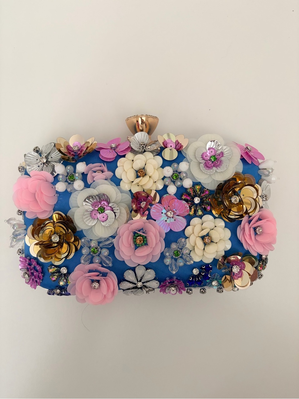 Embellished Floral Clutch in Blue with Pink & Gold Accents